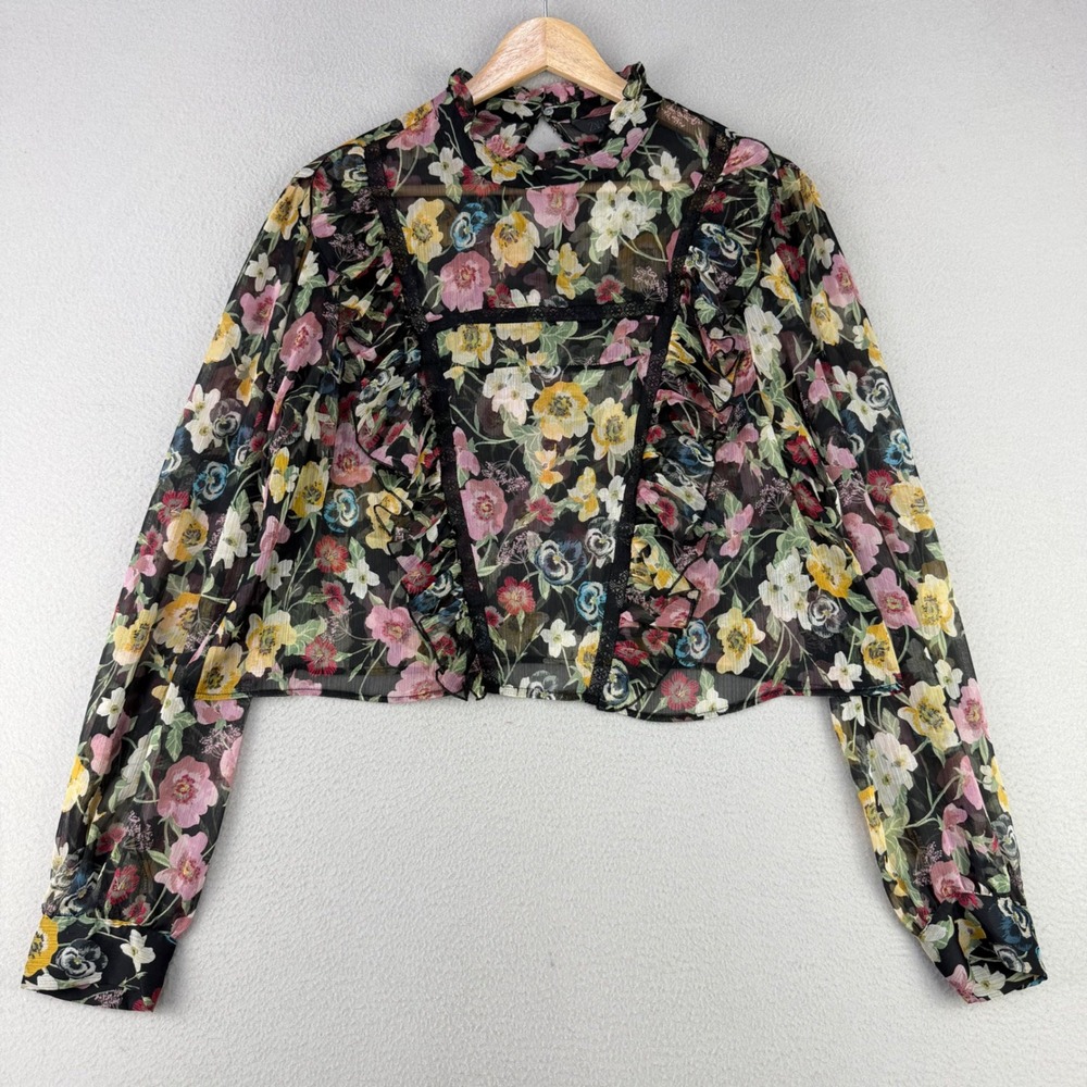 Zara Floral Sheer Blouse Women L Black Boho Ruffle Lace Trim Mock Neck Office